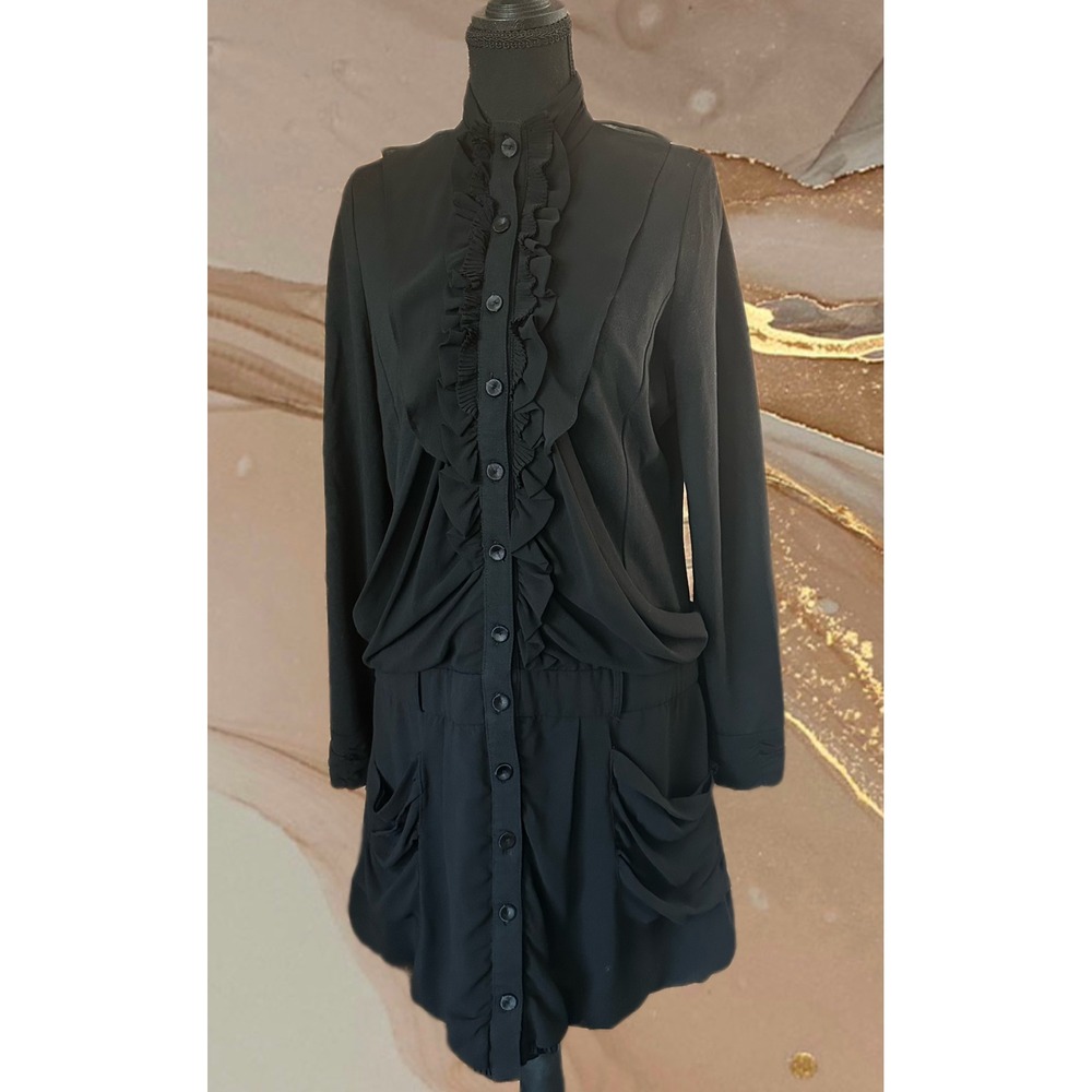 Ryu Black Ruffle Button Front Mini Dress Long Sleeve Mock Neck RD3187 Womens‎ L